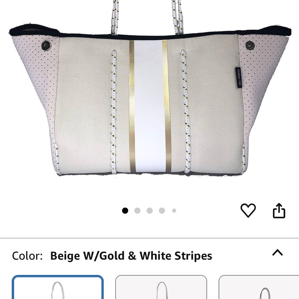 Stylish Beige Tote Bag with Gold and White Stripes